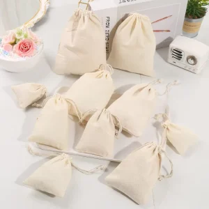 Tas Kemasan Katun, Tas Tarik Tali Katun dengan Logo Cetak Kustom, Tas Katun Putih Dapat Didaur Ulang, Terima 50pcs