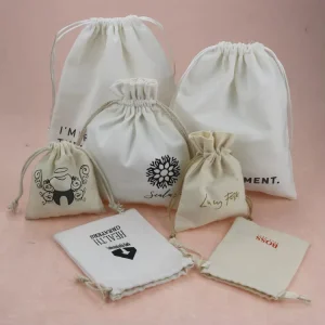Tas Kemasan Katun Kustom dengan Logo, Tas Debu Katun Organik dengan Tali untuk Kemasan Hadiah Perhiasan
