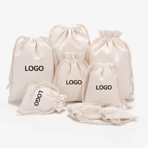 Tas Kecil Kain Katun dengan Pita Tarik Kustom untuk Kemasan Logo Hadiah
