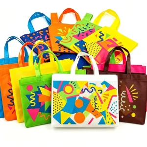 Bolsa no tejida ultrasonido de entrega rápida personalizada, impresión a todo color, con asa, bolsa de compras con patrón bonito para eventos festivos