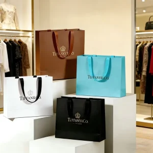 Benutzerdefinierte Bekleidungsverpackungsbeutel mit Logo bedruckte Kraftpapier Einkaufsgeschenkbeutel für kleine Unternehmen Boutique Großhandel