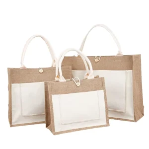 Túi tote jute burlap tùy chỉnh với túi trước, túi mua sắm patchwork vải canvas xanh, thân thiện với môi trường, có thể tái sử dụng với khóa nút