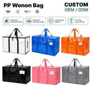 Túi tote PP dệt logo tùy chỉnh, dung tích lớn, có lớp chống thấm, in chữ, tái sử dụng, bền, túi vận chuyển