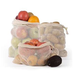 Bolsas de malla de algodón puro reutilizables con logo personalizado, bolsa de cordón para almacenamiento de verduras y frutas