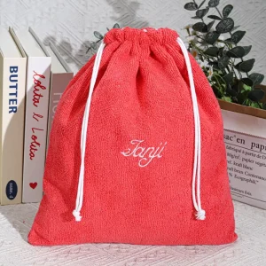 Túi đựng đồ trang điểm bằng vải Terry in logo tùy chỉnh, túi đựng tóc, khăn tắm, túi vải cotton có dây rút