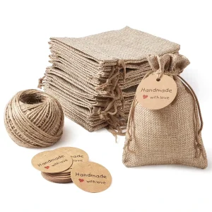 Túi vải jute có màu tự nhiên, có logo tùy chỉnh, có dây rút, dùng để lưu trữ quà tặng trang sức