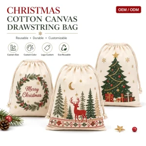 Kantong Pouch Katun Sublimasi LOGO Kustom dengan Pola Santa Natal, Kantong Tarik Debu