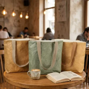 Custom Logo Tyvek Dupont Non Woven Tote Bag Waterproof Washable Brown Coating Foldable Reusable Cotton Handle Travel Printed