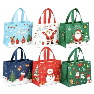 Sac cadeau de Noël réutilisable en non tissé, personnalisé, avec poignée de longueur manuelle