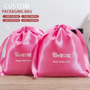 Individuelle rosa Seiden-Satin-Zugbeutel mit Siebdrucklogo für Haarverlängerungen Verpackung