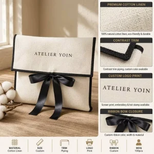 Benutzerdefinierte bedruckte Logo-Baumwoll-Canvas-Twill-Umschlagtasche mit Schleife, luxuriöse Kleidung, Haarverpackungsumschlag, Staub-Musselinbeutel