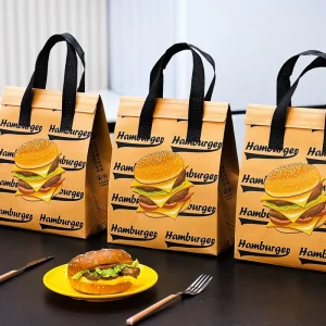 Op maat gemaakte Geprinte Logo Niet-geweven Afhaal Lunch Voedselbezorging Aluminium Folie Thermisch Geïsoleerde Koeltas Afhaalzak voor Hamburger