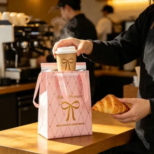 Saco de Entrega Térmico Isolado Não Tecido Impresso Personalizado para Bolos e Alimentos para Levar com Alça em Laço para Caixas de Presentes de Pastelaria