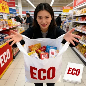 ถุงเสื้อยืดแบบกำหนดเอง วัสดุ PE เกรดอาหาร ย่อยสลายได้ พิมพ์กราเวียร์ หูจับยาว ขอบข้าง ซุปเปอร์มาร์เก็ต