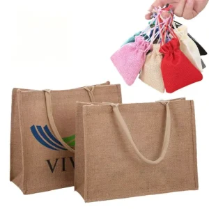 Sac en jute imprimé avec logo personnalisé, sac de courses réutilisable, emballage cadeau, sac à cordon