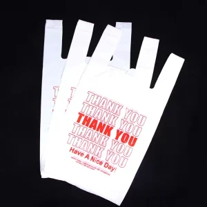 Haltbare weiße Dankeschön-T-Shirt-Tragetasche aus HDPE-Material, gravurbedruckt, mit kundenspezifischem Logo, umweltfreundlich, lebensmittelecht, sicher
