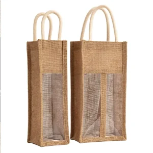 Túi rượu burlap nặng, thân thiện với môi trường, dùng cho nhiều chai rượu, có cửa sổ PVC