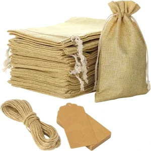 Túi quà tặng bằng jute màu tự nhiên thân thiện với môi trường, túi vải burlap có dây rút