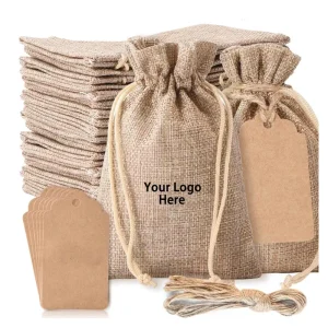 Túi quà tặng bằng vải lanh jute bền, có thể tái sử dụng, thân thiện với môi trường với dây rút cho túi trang sức