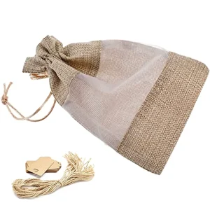 Eco friendly Clear Mesh Window Jute Drawstring Bags Small Gift Bulk Jute Burlap Bags for Packaging