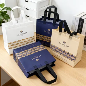 Saco de Mão Plano Não Tecido com Laço Azul Fashion, Grande e Médio, para Loja de Roupas, Presentes e Supermercados