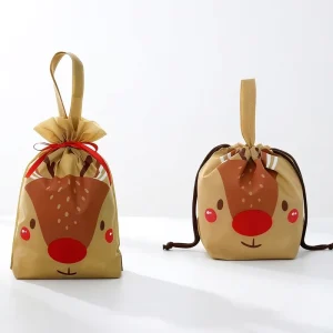 Funny Reindeer Cartoon Pattern 75g Drawstring Nonwoven Customizable Gift Bag Reusable Packaging Christmas Party