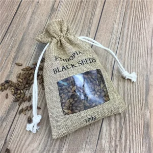 Sacs en jute pour grains de café, sacs en jute avec fenêtre en PVC transparent, sacs d'emballage en jute avec cordon