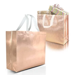 Saco Tote Reutilizável de Laminado Metálico Rosa Dourado com Logo Personalizado Holográfico para Presente de Boutique