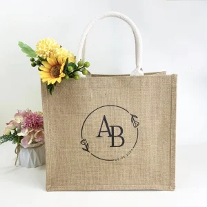 Sac en jute de couleur naturelle, sac fourre-tout recyclable, impression de logo personnalisée, sac de shopping en jute pour emballage cadeau