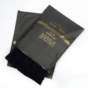 Túi đựng áo khoác màu đen kiểu dáng mới, túi khóa kéo Mylar cho áo hoodie, túi khóa zip với logo