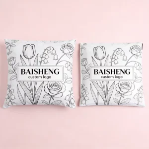 OEM-Taschen, florales Linienkunstdesign, benutzerdefiniertes Logo, quadratische Kissen, weiß-schwarzer Kontrast, Heimdekor, textile Accessoire-Verpackungstaschen