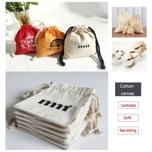 Personalisierte Bio-Baumwoll-Canvas-Stoff Schmuckprodukte Textil Werbe-Zugbandverpackung Baumwolltaschen mit Logo