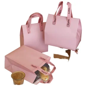 Saco de Embalagem para Salada Isolado à Prova de Humidade em Tecido Não Tecido Rosa com Logótipo Personalizado e Alça de Patches