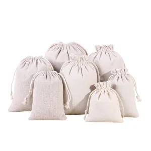 Sacchetto di Cotone Muslin Riciclato per Imballaggio Regalo, Fondo Piatto, Sacchetto in Cotone Morbido con Logo Personalizzato