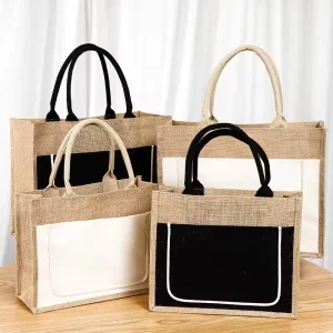 Túi tote jute tái sử dụng, in tùy chỉnh, thân thiện với môi trường, túi mua sắm bãi biển, bao bì quần áo, túi jute có túi và nút