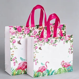 Bolsa tote laminada reutilizable y resistente al agua, bolsa de regalo de PP con flores para embalaje de ropa y boutique