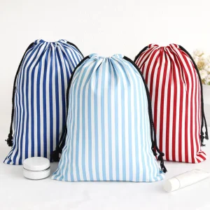 Tas Kanvas Katun Bergaris dengan Pencetakan Logo Tas Kemasan Hadiah Tas Tahan Debu Kapasitas Besar