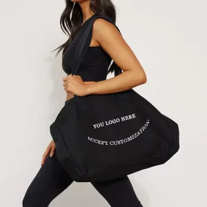 Borse tote in tela nera premium ecologiche di varie dimensioni, grandi, all'ingrosso, con logo stampato personalizzato