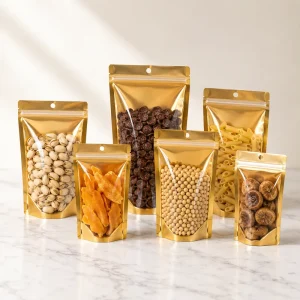 Vorrätige transparente goldene Standbeutel mit Reißverschluss, versiegelte Polyesterfolienbeutel, 100 g, 200 g, 300 g, Metallverpackungstaschen, Aluminiumfolie Standbeutel für Lebensmittelverpackungen für Nüsse