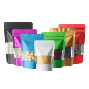 100 pcs de sacs ziplock métallisés colorés, résistants à l'humidité, avec fenêtre givrée, sachets debout VMPET pour emballage alimentaire, farine, aliments pour animaux