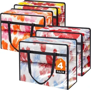 Paquete de 4 bolsas de almacenamiento de ropa transparentes, bolsa de almacenamiento de mantas con cremallera resistente