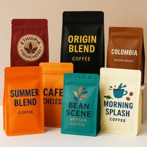 Digitaldruck Flachbeutel Mindestbestellmenge 500 Stück, Achtkantverschluss, Verpackung für Kaffee und Tee, individuelle Logo-Druck
