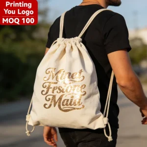 Sacchetto in cotone muslin biodegradabile riutilizzabile ecologico con coulisse per imballaggio gioielli con stampa serigrafica