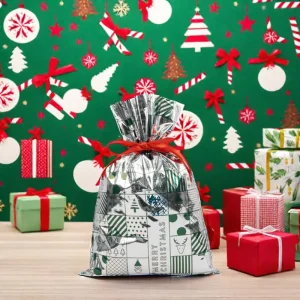 Weihnachts-Aluminiumfolie Zugbeutel Verpackungstaschen aus Kunststoff für Geschenkverpackung zu Feiertagen