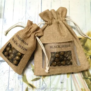 Bolsa de yute con cordón para granos de café con ventana de PVC transparente