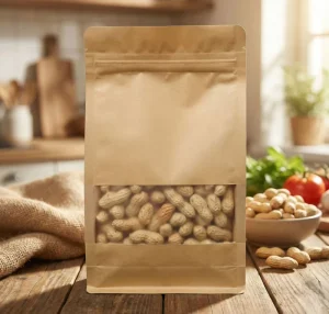 Poche à soufflet en papier kraft brun personnalisée 250g 300g 500g 1000g avec fenêtre zippée, laminée en PE, recyclable et durable pour noix et fruits secs