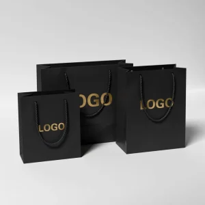 カスタムデザイン印刷ショッピングギフトバッグ、ロゴ入り紙袋、衣類用ラグジュアリーブラック紙袋