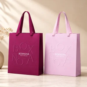 Custom Embossed Logo Luxury Paperboard Paper Tote Bag Ribbon Handle Gold Stamp Lamination Recyclable for Cosmetic Jewelry