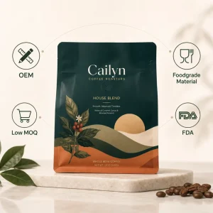 Bolsas de café personalizadas de fondo plano con impresión digital de cinco paneles, acabado mate, tapa con cremallera, PE de grado alimenticio para película