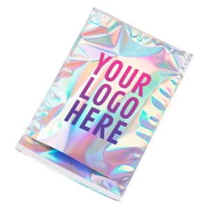 Aangepaste holografische folie poly verzendzakken glanzende zelfklevende aluminium express enveloppen regenboog verzendzak met logo